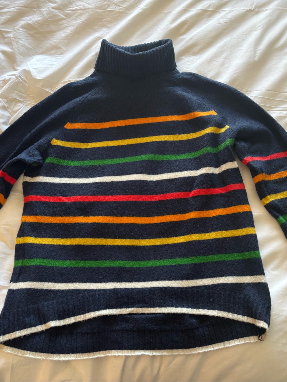 J. Crew Navy Turtleneck Sweater with Red, Green, Yellow & White Stripes